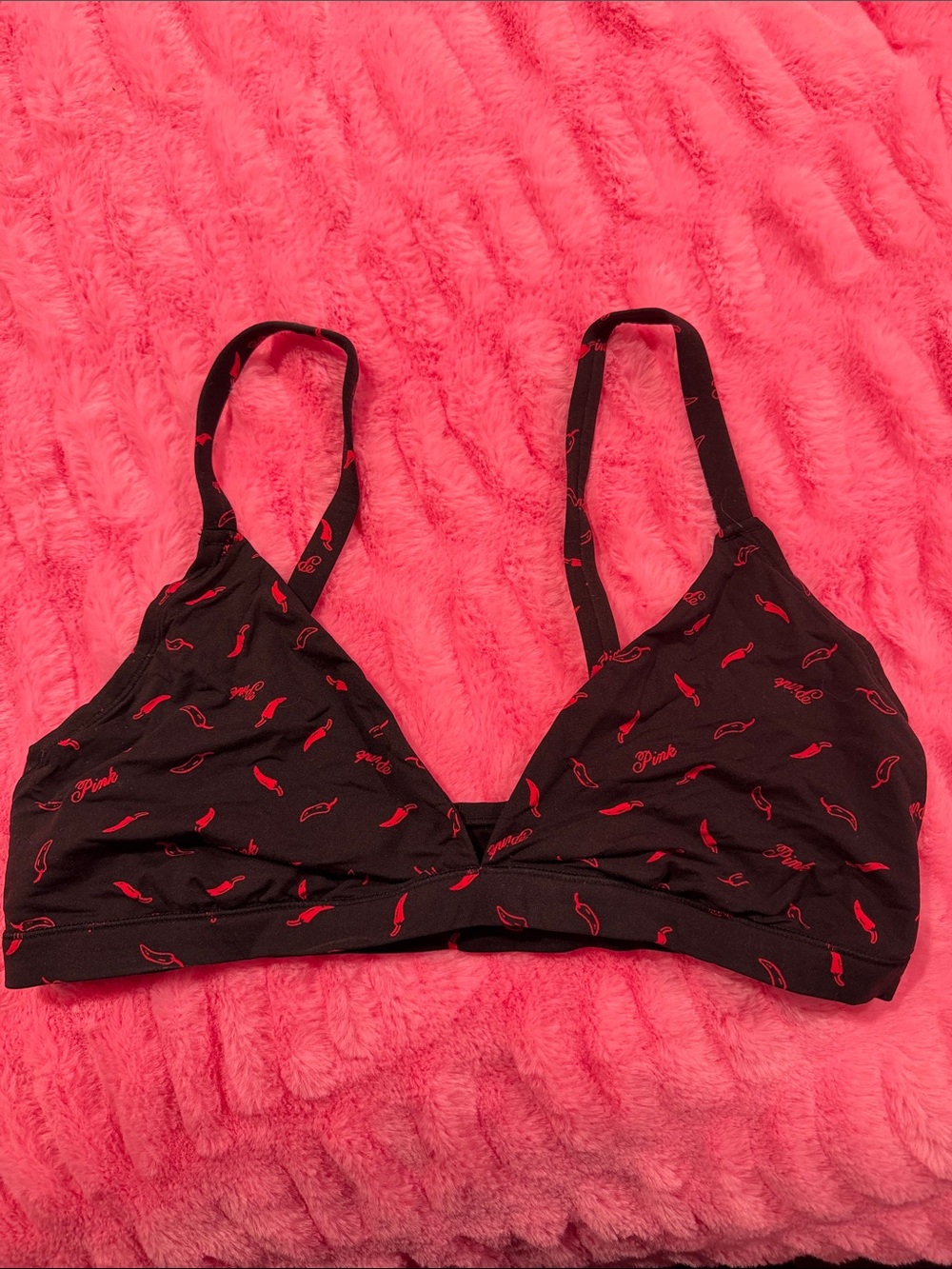 PINK Victoria's Secret Black Bralette with Red Micro Print